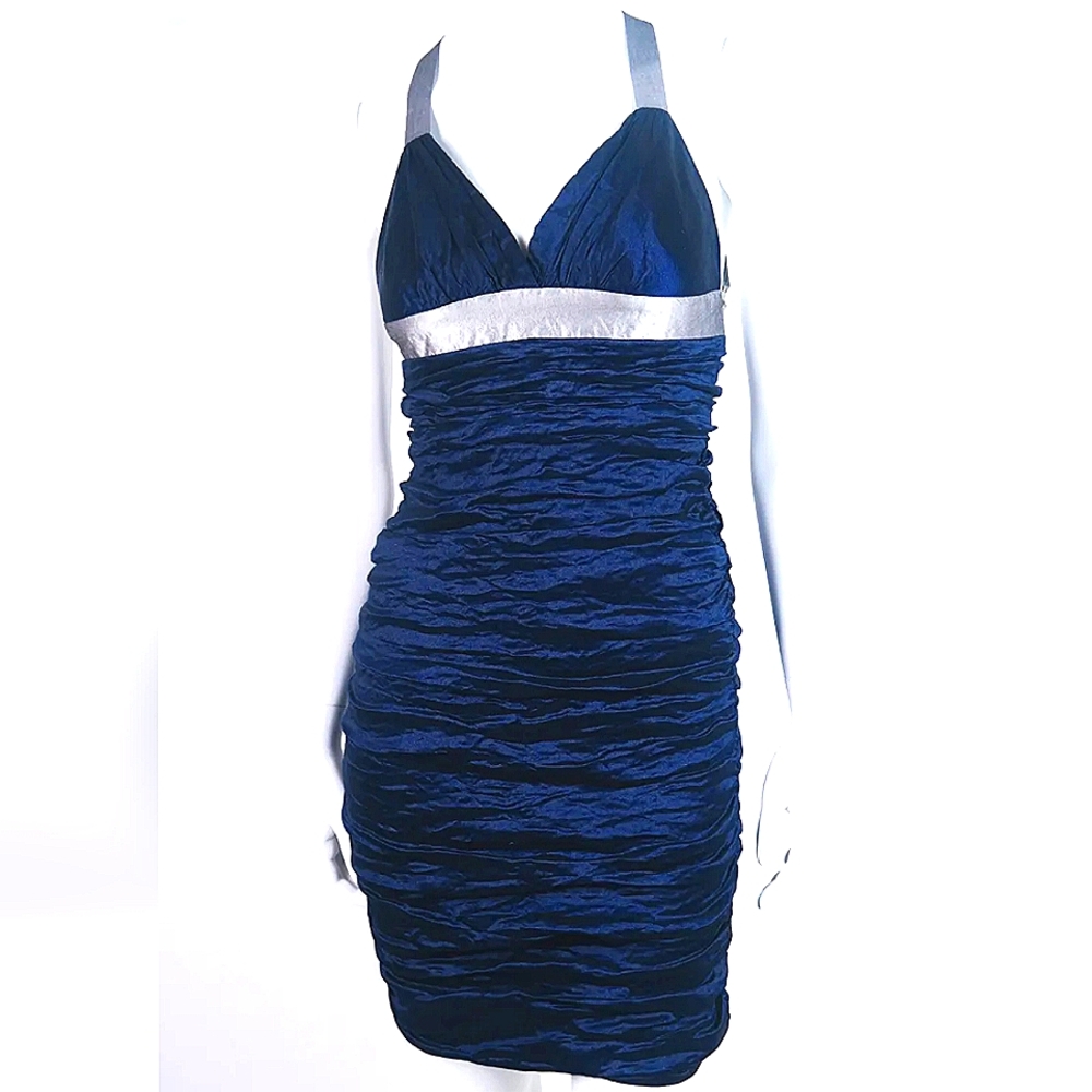 BCBG MAXAZRIA NAVY BLUE PLUNGE BACK SHORT HALTER DRESS, CRISS.CROSS BACK-EUC-XS